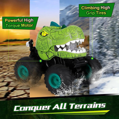 Rad Dinosaur Monster Truck Remote Control Car With Spray Lights And Music, Three Dope Stunts, 50 Minute Runtime, Durable design on rough and snowy terrain