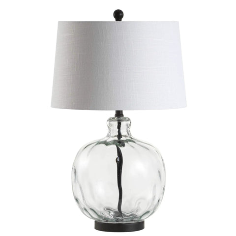 Clear Glass And Black Metal LED Table Lamp For Bedroom And Living Room, Transitional Farmhouse Style Nightstand Light With White Linen Shade