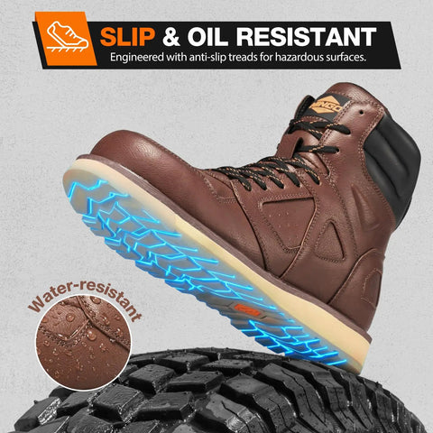 Men's Steel Toe Work Boots With Side Zipper, Water Resistant And Slip Resistant Safety Shoes, Electrical Hazard Rated, brown boot