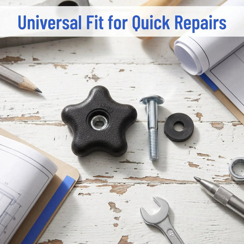Plastic Star Knob Screw Set With Bolt And Nut Wide Compatibility Clamping Handle displayed on a wooden surface for repairs