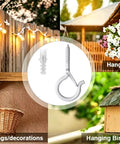 Heavy Duty White Screw In Cup Hooks 2.2 Inch Pack Of 20 For Hanging Plants Outdoor String Lights Patio Wall Wood Fence Or Deck Mounts Anti Rust Finish Includes Drywall Anchors And Manual Holds Up To 40 Lbs. Various uses shown including lights, plants, basket, and birdhouse.