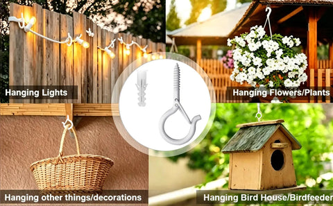 Heavy Duty White Screw In Cup Hooks 2.2 Inch Pack Of 20 For Hanging Plants Outdoor String Lights Patio Wall Wood Fence Or Deck Mounts Anti Rust Finish Includes Drywall Anchors And Manual Holds Up To 40 Lbs. Various uses shown including lights, plants, basket, and birdhouse.
