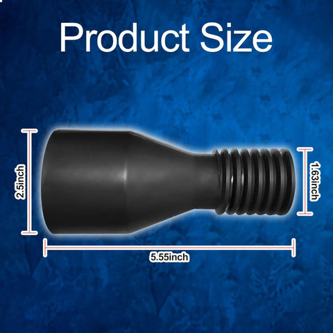 Side view of black hose adapter for dust collection system plug and play compatible with DWV9000 universal connector, size labeled.