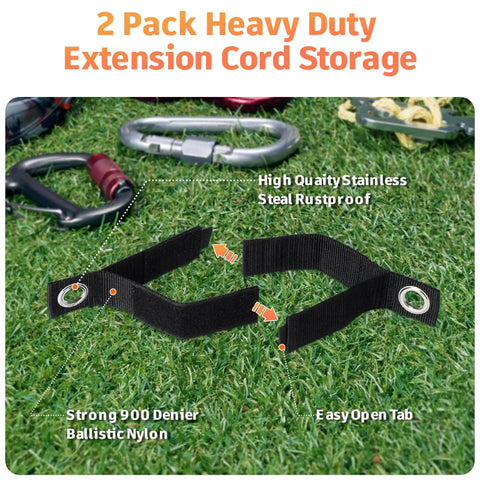 Close-up of black extension cord straps made from 900 denier ballistic nylon with stainless steel grommet on grass.