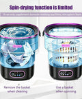 Boss Grade Portable Mini Washing Machine Foldable Layout For Apartments RVs And Dorm Rooms showing spinning action and detergent basket.