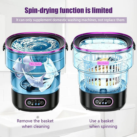 Boss Grade Portable Mini Washing Machine Foldable Layout For Apartments RVs And Dorm Rooms showing spinning action and detergent basket.