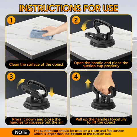 Instructions for using Professional Grade Heavy Duty Glass Suction Cup Lifter Vacuum Grip Handle Two Pack on marble surface.