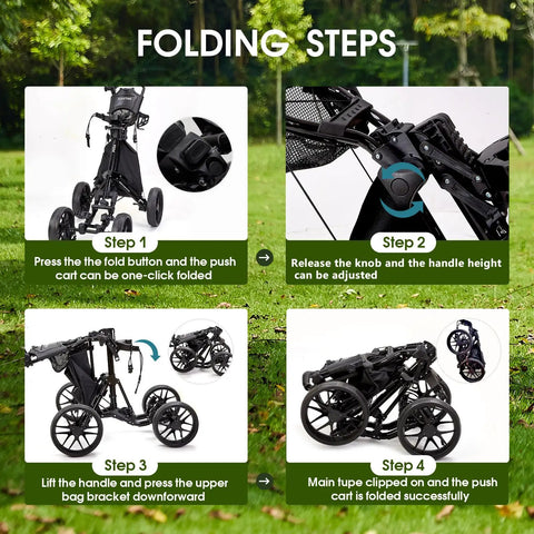 Four Wheel Golf Push Cart With Cup Holder And Umbrella Holder One Click Folding Height Adjustable Handle Lightweight Foldable Golf Pull Cart For Easy Car Trunk Storage folded steps shown in 4 views