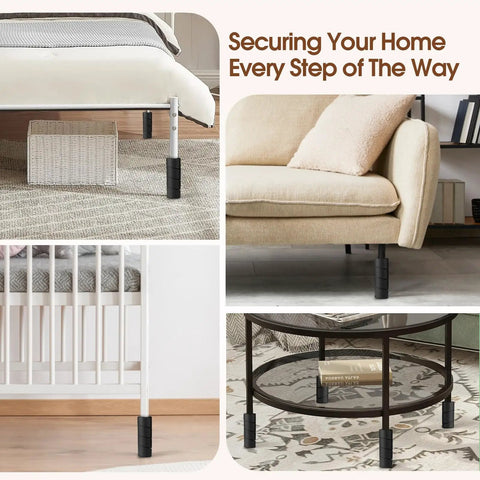 Heavy Duty Rubber Bed Frame Toe Protectors Four Pack Cushioned Corner Guards For Furniture Legs in use on various furniture.
