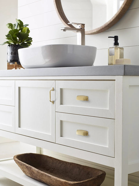 White bathroom vanity with Champagne Bronze Cabinet Pull Highland Ridge 3 Inch Center To Center 4 5 16 Inches Overall Length Transitional Style Drawer Pull For Cabinets And Furniture 1 Pack Cabinet Hardware.