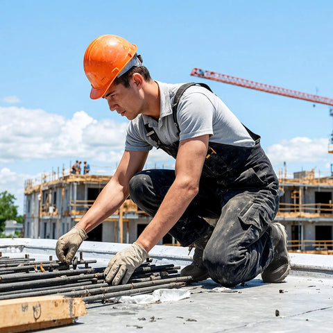 Construction worker on site wearing a hard hat and work boots, fixing rebar on a sunny day, construction cranes in background.