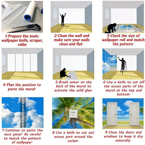 Steps for installing custom size wall murals with adhesive, including tools and wall preparation, featuring wallpaper process.