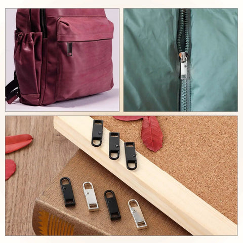 10 Piece Upgraded Metal Zipper Pulls Set With Detachable Tabs For Luggage, Suitcases, Backpacks, And Jackets in assorted colors.