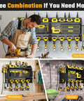Power Tool Organizer Wall Mount With 3 Layer Charging Station 6 Outlets 4 Drill Holders And Drill Bit Rack Hooks displayed in tool room and garage.