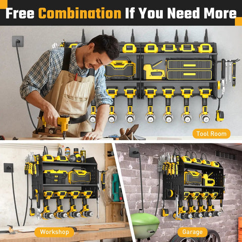 Power Tool Organizer Wall Mount With 3 Layer Charging Station 6 Outlets 4 Drill Holders And Drill Bit Rack Hooks displayed in tool room and garage.