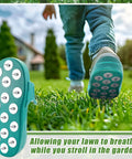 Person wearing 2 Pack No Assembly Required Pro Grade Lawn Aerator Shoes With Heavy Duty Spikes, walking on grass for lawn aeration