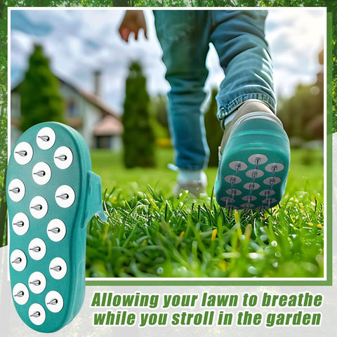 Person wearing 2 Pack No Assembly Required Pro Grade Lawn Aerator Shoes With Heavy Duty Spikes, walking on grass for lawn aeration