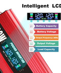 Close-up of Beefy 3000W DC To AC Inverter With LCD Display showing battery status and voltage options