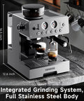 Straight Up Premium Espresso Machine With Built In Grinder And 20 Bar Pump, 16.5 inch stainless steel coffee maker.