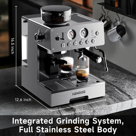 Straight Up Premium Espresso Machine With Built In Grinder And 20 Bar Pump, 16.5 inch stainless steel coffee maker.
