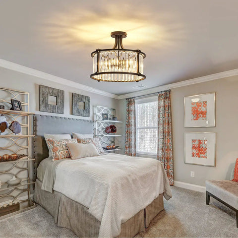 Six Light Black Semi Flush Mount Crystal Chandelier Modern Ceiling Light Fixture For Living Room Dining Room Kitchen Bedroom Foyer Hallway With Sparkling Crystals And Cozy Modern Vibe in a cozy bedroom setting