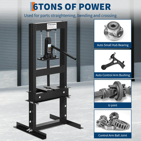 6 Ton H Frame Hydraulic Floor Shop Press For Heavy Duty Automotive And Metalworking Tasks With Adjustable Plates For Bending Straightening Bearing Removal And U Joint Repair, black steel frame