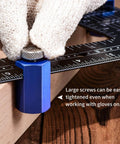 Gloved hand using Tall Stair Gauges For Framing Square Set, Non Slip Framing Jig For Easier And Faster Stair Layout, Keeps Run And Rise Consistent, Boosts Accuracy On Rafters And Stringers, Blue Pack Of 2