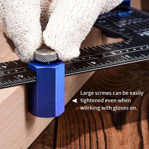 Gloved hand using Tall Stair Gauges For Framing Square Set, Non Slip Framing Jig For Easier And Faster Stair Layout, Keeps Run And Rise Consistent, Boosts Accuracy On Rafters And Stringers, Blue Pack Of 2