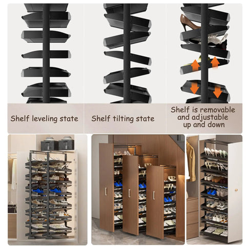 Slick Pull Out Shoe Rack With Heavy Duty Smooth Slide Rails And Adjustable Height Vertical Design showcasing shelf leveling and tilting states.