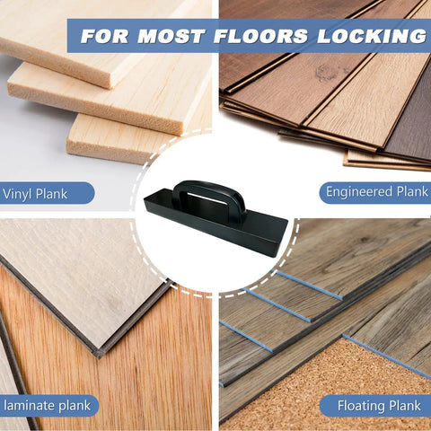 Tapping Block For Floor Installation With Ergonomic Handle shown with various flooring types including vinyl, laminate, and engineered.