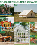 Collage of outdoor setups: trampolines, tents, bouncy castle, greenhouse, swing set, canopies, poultry cage. Applicable to Built Tough Heavy Duty Ground Anchors Screw In Stakes 12 Inch 4 Pack With Drill Socket And T Handle Hook And Ring Design For Tents Sheds Canopies Gazebos Swing Sets And Trampolines.