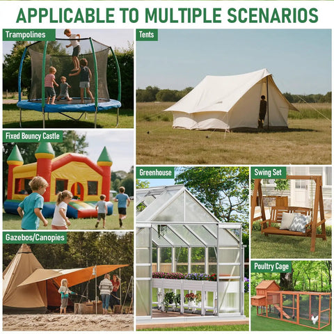 Collage of outdoor setups: trampolines, tents, bouncy castle, greenhouse, swing set, canopies, poultry cage. Applicable to Built Tough Heavy Duty Ground Anchors Screw In Stakes 12 Inch 4 Pack With Drill Socket And T Handle Hook And Ring Design For Tents Sheds Canopies Gazebos Swing Sets And Trampolines.