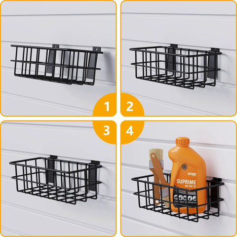 Heavy Duty Slatwall Baskets 6 Pack Black Multi Size Storage Organizer for garage with modular design and tools