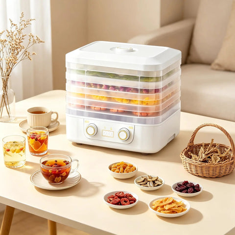 Big Time 6 Tray Food Dehydrator For Home With Clear Racks And Digital Temperature Timer Controls To Knock Out Homemade Jerky Dried Fruit Veggies And Dog Treats Quick As Can Be on a tabletop with various dried snacks.