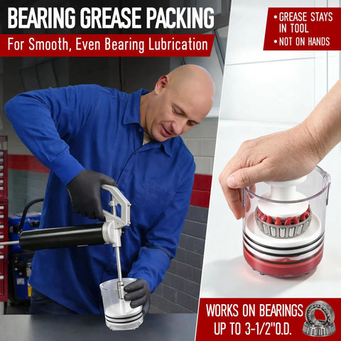 Man using Two In One Bearing Packer And Seal Puller Tool Kit for heavy duty wheel hub lubricant filling and gasket removal