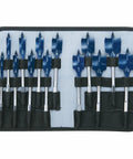 Bosch 13-piece Daredevil spade bit set in blue bits with black pouch, front view