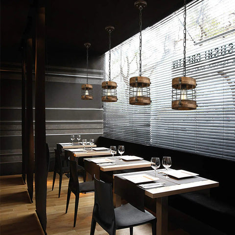 Retro Industrial Round Cage Pendant Light With Metal And Wood Frame, 1 Light Chandelier in dining room setting, brown finish, four units.