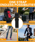 Heavy Duty Utility Strap With Quick Release Buckle 72 Inch Polypropylene Tie Down showing use for camping, travel, pets, cycling.