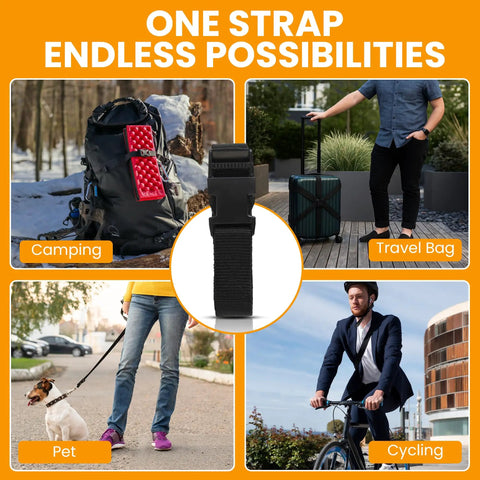 Heavy Duty Utility Strap With Quick Release Buckle 72 Inch Polypropylene Tie Down showing use for camping, travel, pets, cycling.