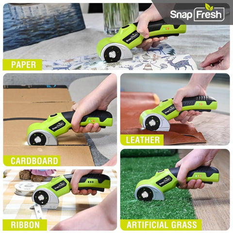 SnapFresh Cordless Electric Scissors With Rechargeable Battery And Self-Sharpening Blades for cutting paper, cardboard, leather, ribbon, and artificial grass.