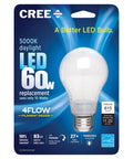 A19 LED Light Bulb 60W Equivalent 5000K Daylight, 4Flow Filament Design, in packaging showing omnidirectional light, Energy Star label.