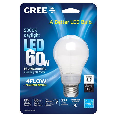 A19 LED Light Bulb 60W Equivalent 5000K Daylight, 4Flow Filament Design, in packaging showing omnidirectional light, Energy Star label.