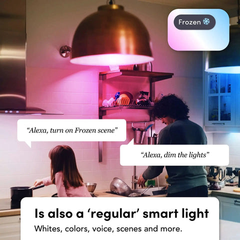 Wi-Fi Smart LED Light Bulb 1100 Lumens, Full RGBW Color, kitchen scene with smart home control using Alexa, dimmable lighting
