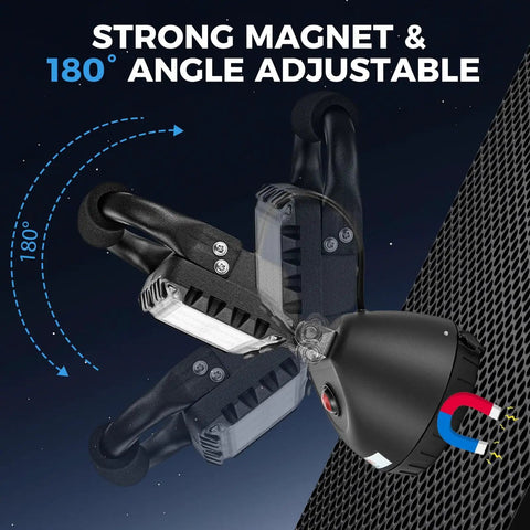 LED Work Light 18W 2400LM Magnetic Flood Light showing adjustable angle and strong magnet base.