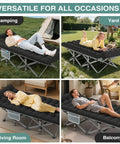 Heavy Duty Portable Camping Cot With Mattress for adults used outdoors and indoors, versatile for camping, yard, living room, balcony.