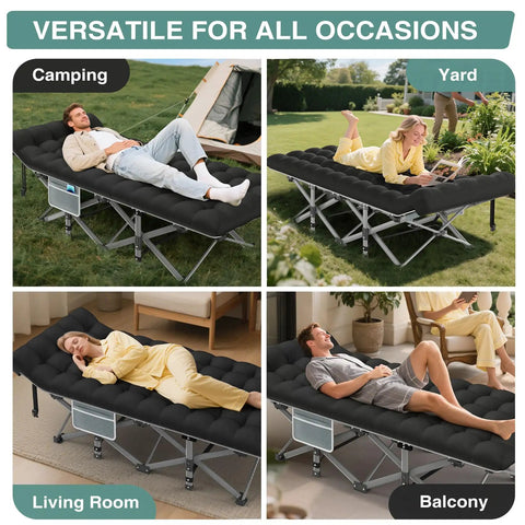 Heavy Duty Portable Camping Cot With Mattress for adults used outdoors and indoors, versatile for camping, yard, living room, balcony.