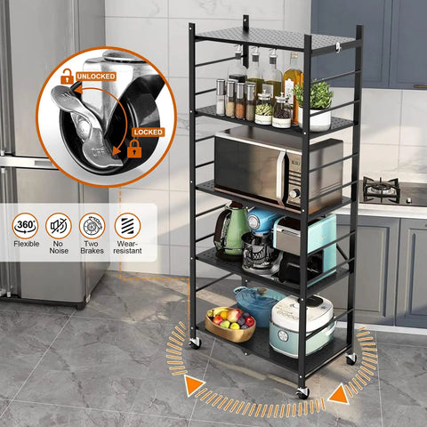 Slick Black Five Tier Foldable Storage Shelf With Casters And Twenty Hooks Quick Kitchen Pantry Cleanup No Fuss Assembly Solid Build For Tight Spaces And Daily Hauls