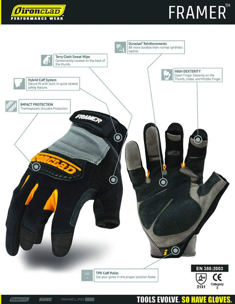 Framer Carpenter Work Gloves With Open Finger Dexterity And Performance Fit Grip Ready Durable Reinforced Palm And Duraclad Saddle Machine Washable Ideal For Construction And DIY Grey Black 1 Pair, highlighting features and fit.