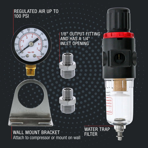 Master Airbrush diaphragm regulator with gauge and water trap filter; wall-mount bracket and two 1/8 in adapters front view