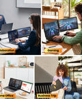 Multiple people using Ultra Thin 0.27 Inch Dual Portable Monitor For Laptops in collaboration, gaming, home office, business trip settings.